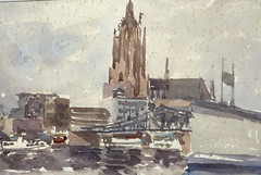 Watercolor Signed E.J.MÜHLENHOF Iron Footbridge and Frankfurt Imperial Cathedral