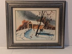 Vtg Watercolor Painting By George Sperl Covered Bridge Rural Indiana Landscape.