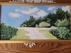 Vintage Maribeth Crago Erie Pa Artist Acrylic Painting „By My Home“ 21.5″w