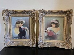 Signed L. Williams Art Deco Oil Paintings Set of 2 Ornate Gold Frames 15″ x 13″