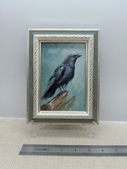 Original oil painting signed framed crow 6×4 inches
