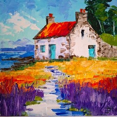 Oil landscape „Irish Cottage“ Oil Painting: Colorful Flower Field Original 6×6