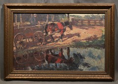 19th 20th Century German Rural Landscape Horse Guided by Man in a Carriage Pond
