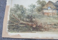 Antique 1894 signed watercolor painting landscape thatched cottage FWG 11×23″