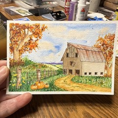 Donna Hawk 4 x 6 in Original Watercolor Barn & Pumpkins Signed Unframed OOAK