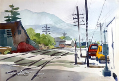 VINTAGE SAN JUAN CAPISTRANO RAILROAD PAINTING REGIONALIST URBAN SCENE LISTED!