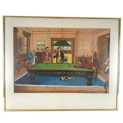 George H Harrington Watercolor Original Print Matted Framed Billiards
