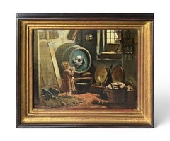 Beautiful Antique Oil Painting of Girl Drinking Buttermilk Victorian Genre