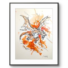 Pokemon Charizard Original Painting 9×12 Paper Anime Gaming Pop Culture SWhite