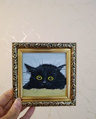 ORIGINAL Oil Painting Black cat Animals Pet Miniature Contemporary Wall art