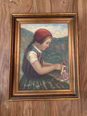 Rózsa Károly Hungarian Oil Painting “Doll Maker” Girl in Folk Dress c.1950s