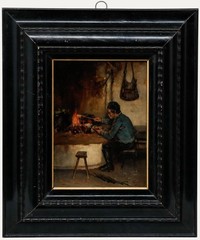 Antal Neogrady (1861-1942) – Framed 1882 Oil, Tending the Fire