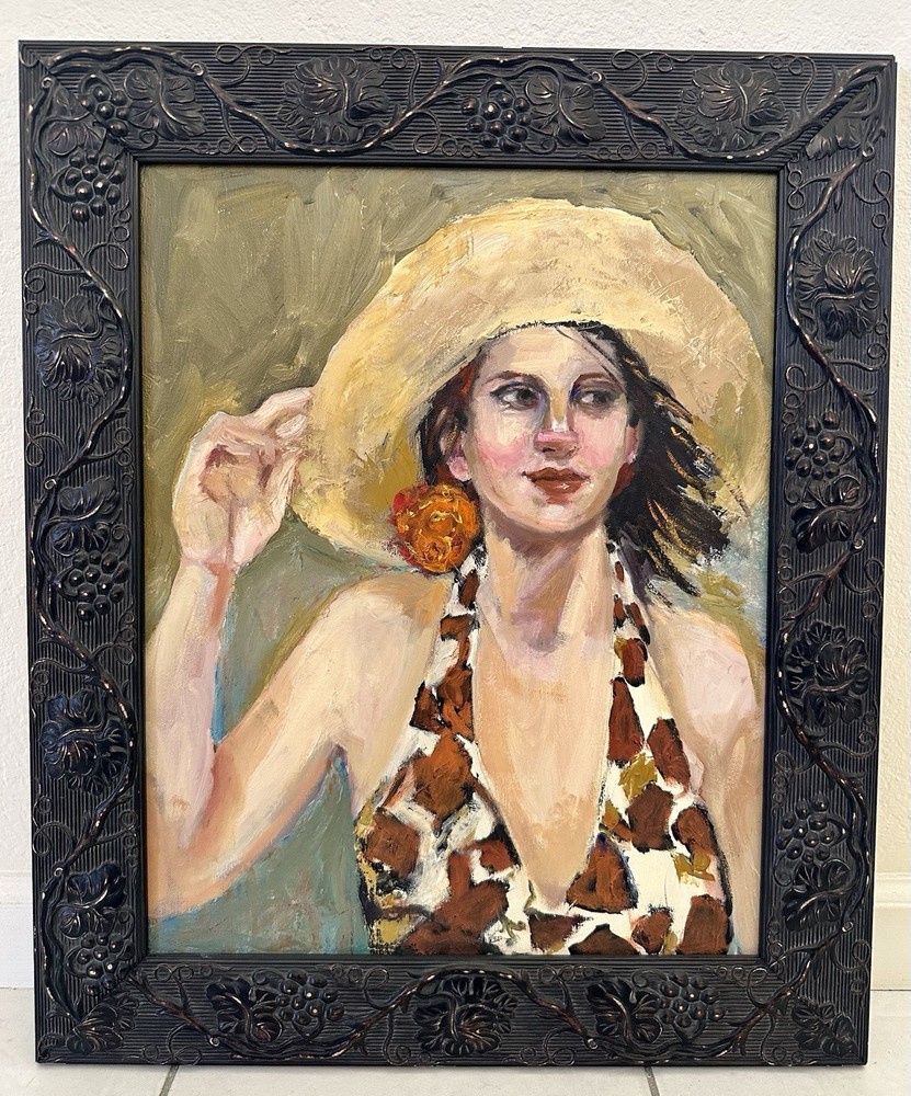 Original Portrait Painting Woman Sun Hat Summer Beach Spring Framed Art 21×25