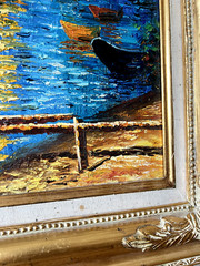VintageGold Framed Oil Painting, Sailboat Running on Summer Sea Vibrant Blue