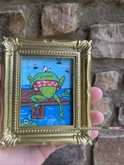 Whimsical Funny Frog cute, Original Painting,framed,miniature,small,mini