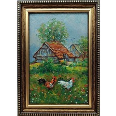 Rooster Original Oil Painting 4×6 Framed Signed Farmhouse Chicken Landscape Art