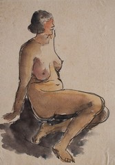 Gerhard Schulte-Dahling erotic female nude sitting expressionism watercolor