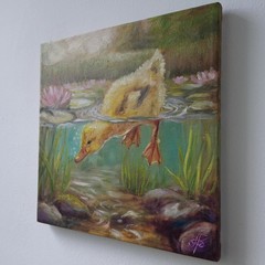 Diving Duckling Original Oil Painting Duck Pond Wildlife Animal Nature Art Gift