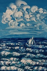 Framed Mini Seascape White Sailboat Minimalist Sea Art 4×6 Oil Painting Original