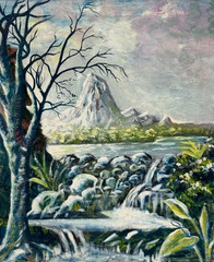 VINTAGE WINTER MOUNTAIN ICE RIVER WATERFALL LANDSCAPE OIL PAINTING ORIGINAL ART