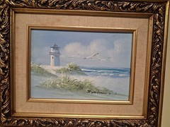 Vintage Oil Painting on board Lighthouse Seagulls 5 x 7 inch framed