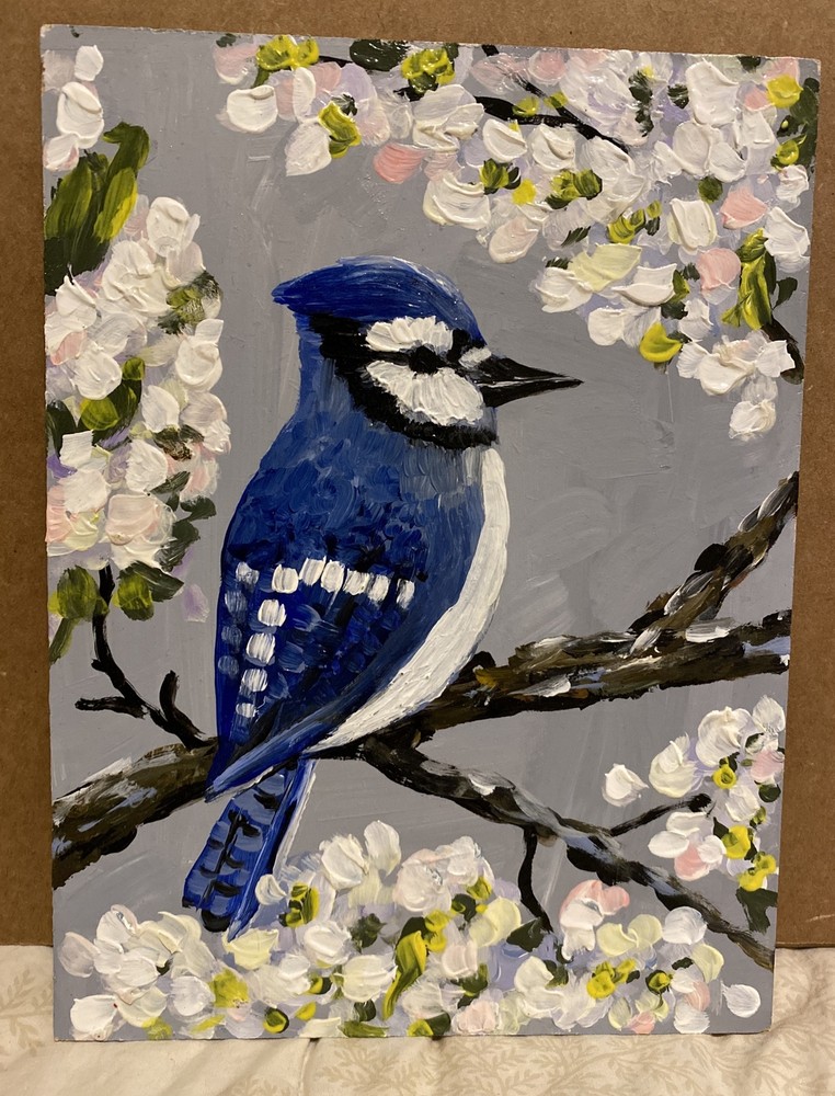 Blue Jay Bird Oil Painting Original Ukraine Cottage Core 7.75” X 6”