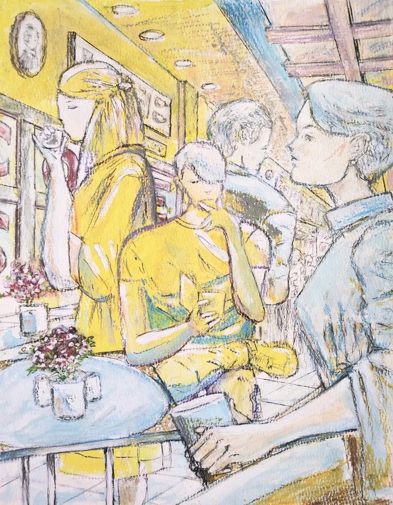 9 inch x 12 inch – Coffee Shop Drawing – NO FRAME by A. Avila