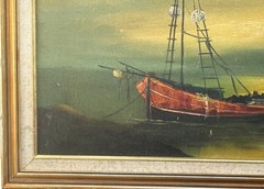 VTG Mid-20th C Orig. European School Nautical O/C „Sunset Harbor Scene“, Signed!