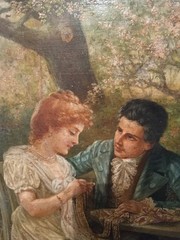 Antique Victorian oil painting On Wood Panel Couple In Garden Fine Detail