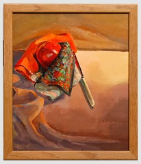 June Bevan (b.1927) – 20th Century Oil, Red Apple on Patterned Napkin