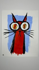 Original Folk Art Cat Painting Signed Colorful Wall Art STerling Paper 11×14