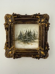 Miniature Oil Painting Winter Forest, Painting with Rustic Vintage frame, gift