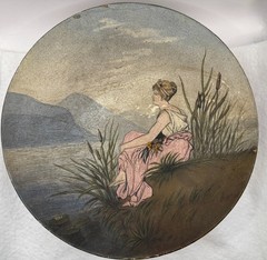 Antique 1881 Original Oil Painting Victorian Lakeside Scape 12″D Wood Tondo RARE