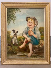 🔥 Antique WPA Americana Southern Folk Art Oil Painting, Fishing Boy & Dog 1930s