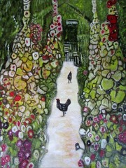 Framed Hand Painted Oil Painting, Klimt Garden Path with Chickens Repro, 12x16in