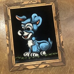 Vintage Black Velvet Blue Dog Painting Mexican Folk Art Carved Wood Frame 17×14”