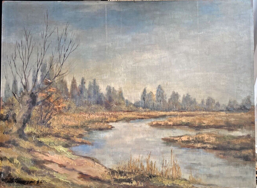 Oil painting undetermined sign. River landscape with trees under cloudy sky