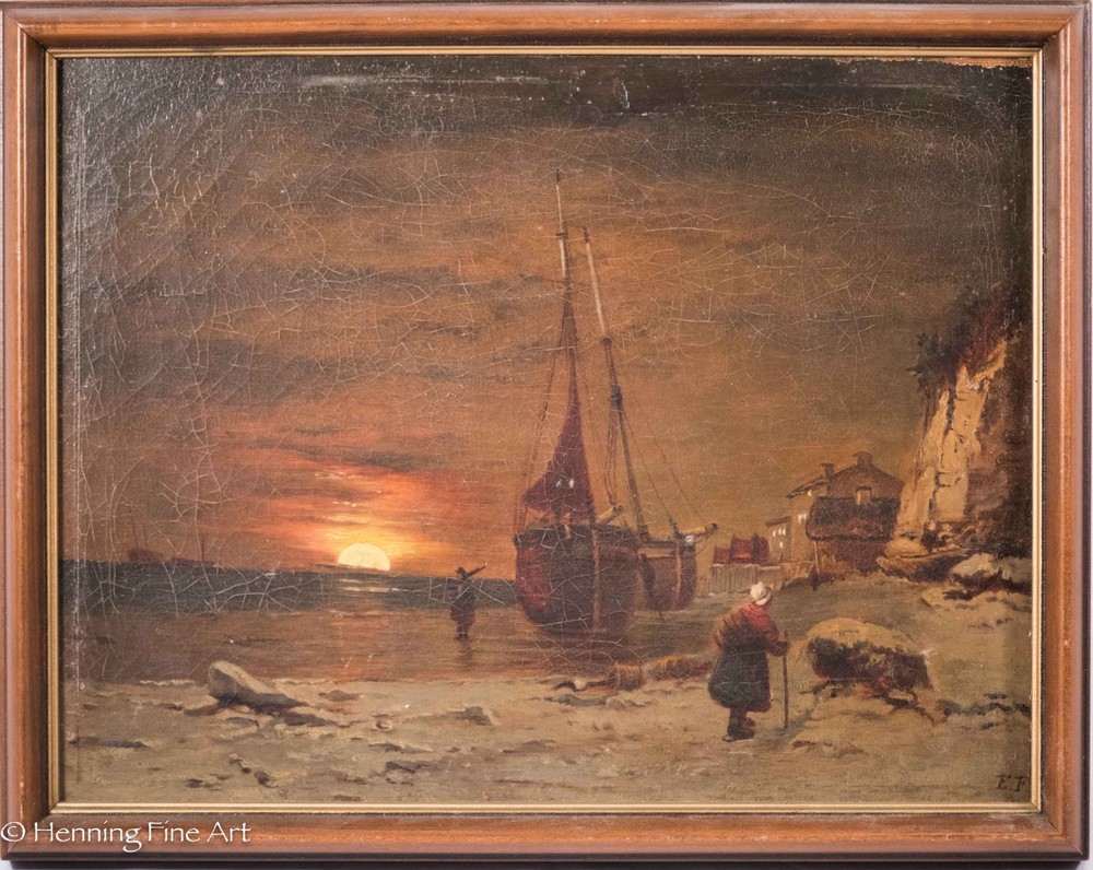 RARE Eberhard Fiebig Oil Painting on Canvas of Coastal Town & Sunset! NICE!