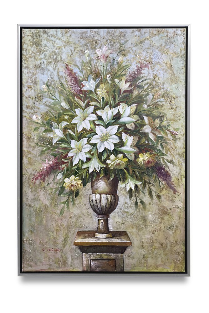 NY Art- Original Oil Painting of Still-Life Flower Pot on Canvas Framed 24×36