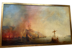 19th Theodore GUDIN – Antique Old Master Oil – Fire by the Coast – Boat and Ship
