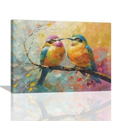Abstract Birds Canvas Wall Art Couple Birds Standing on Branch Oil Painting P…