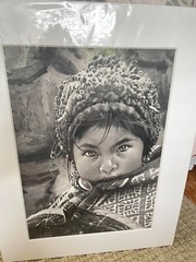 black and white acrylic sketch of Peruvian girl 13X19 inches 