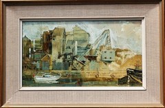 Joan Jackson, Folkstone Kent,“Dover Docks“ Oil on Board Painting INDUSTRIAL