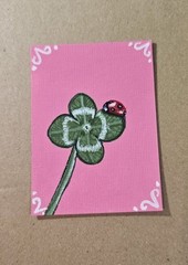 ACEO Four Leaf Clover w Ladybug Original Painting Acrylic Luck Artwork Signed