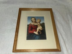 NICE Vtg Raphael Small Cowper Madonna under glass wood Frame 10 3/4 X 8 3/4″