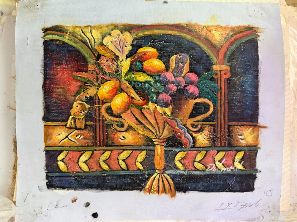 Vintage Neoclassical Fruit Still Life Fresco Style Decorative Oil Painting Art