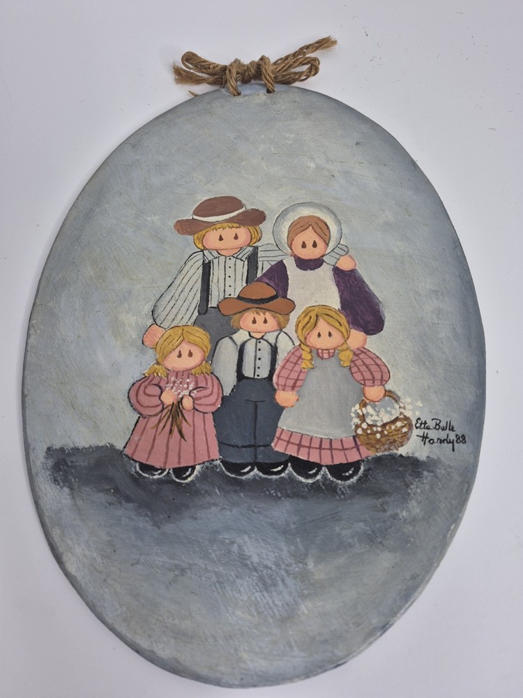 Vintage Amish Folk Art Painted On Wood Signed „Etta Belle Hardy 88“