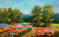 Rustic landscape Original Oil painting Field with trees Country Road 4×6 nature