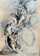 Shmuel Vaginsky ( Israeli , b.1937) Beautiful Rare Cubism Gouache Painting