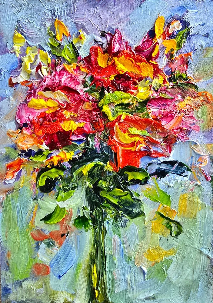 Abstract Bouquet of Flowers Red Oil Painting 10x15cm Painting on Painting Board